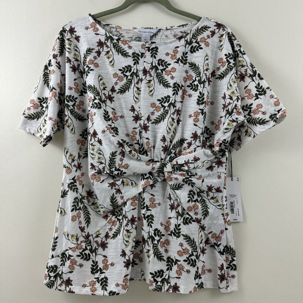 Liz Claiborne Short Sleeve White Floral Faux Knot Cinched Waist Shirt Large